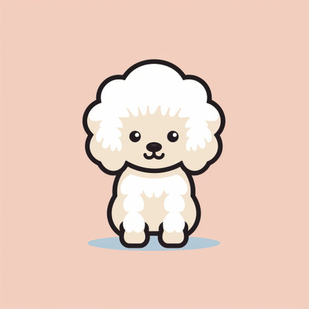 a flat white poodle, with light gray and light brown fur, stands isolated on a vibrant pink background. the poodle's design is reminiscent of anime-inspired character styles, featuring clean and sharp inking. the image incorporates elements of chinese iconography, with a touch of sfumato. the poodle's rounded forms give it a charming and traditional animation feel. ai generatedの素材