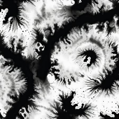 black and white swirled abstract art print featuring a lovecraftian-inspired design. this dye-transfer style print showcases stainswashes and a repeating pattern, created through digital manipulation. the artwork draws inspiration from the luminous watercolors of northern china's terrain. ai generatedの素材