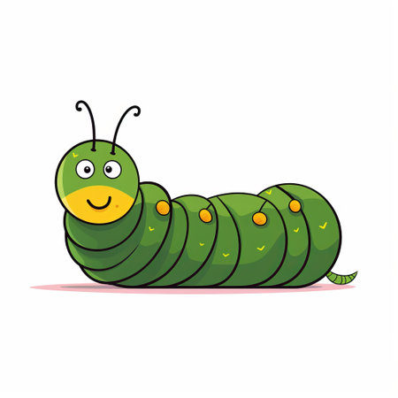 a cute caterpillar character is depicted in this cartoon illustration vector design. the artwork combines elements inspired by the styles of arthur sarnoff and john pawson. this creative commons attribution piece showcases the influence of rosa bonheur, featuring a color palette of navy and green. the design also incorporates elements of caninecore and hurufiyya. ai generatedの素材