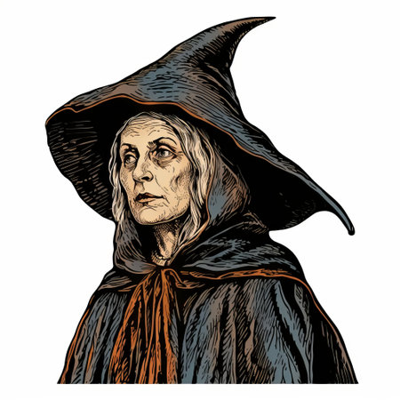 an old witch drawing with intense color saturation and detailed engraving. the artwork showcases dark orange and light azure tones, capturing detailed portraits and character expressions. this political illustration delves into psychological phenomena, creating a captivating visual representation. ai generatedの素材