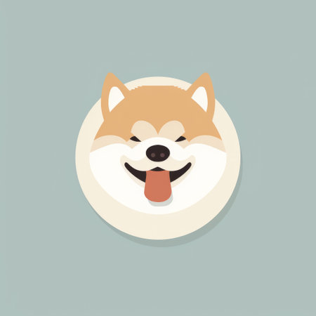a black dog head vector icon with its tongue down, featuring a thai art-inspired style. the icon is designed in light aquamarine and beige colors, with flat backgrounds and shading. the circular shape, known as tondo, adds a unique touch. this creative icon is sure to catch attention with its cheese-like appearance. ai generatedの素材