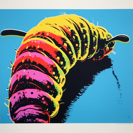a vibrant caterpillar bug is showcased against a striking blue backdrop in this lithograph. inspired by the artistic styles of david wojnarowicz, paul catherall, and richard serra, the image captivates with its sharp and prickly details. the unmodulated colors of yellow and magenta add to the overall visual impact. ai generatedの素材