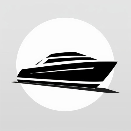 a black and white boat icon, featuring a circular shape, showcases a realistic hyper-detail style with luxurious geometry. the icon exhibits luminous shadowing, precisionist lines, and shapes, creating a visually striking effect. with a matte photo finish, this yankeecore logo design exudes a sense of sophistication and elegance. ai generatedの素材