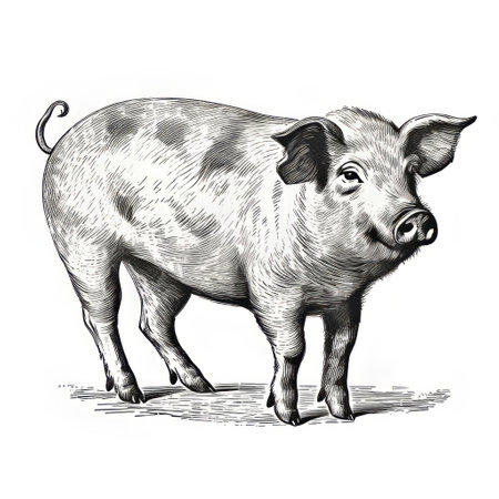a pig in a woodblock is depicted in this black and white engraving, showcasing detailed character illustrations. the style of the artwork is reminiscent of hyper-realistic animal illustrations, with shades of light gray and gray. this piece of art captures the raw character of animals and people, drawing inspiration from the works of e.h. shepard. ai generatedの素材