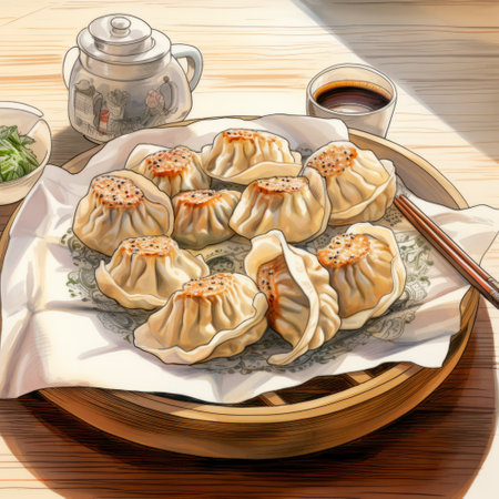 a bowl of chinese dumplings soup is beautifully presented on a wooden tray. this editorial-style illustration combines elements of anime art, mark henson's style, makoto shinkai's influence, and detailed shading reminiscent of genndy tartakovsky's illustrations. ai generatedの素材