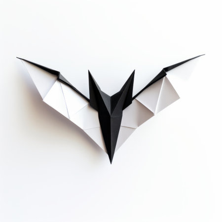 origami bat with head on a white background, in the style of conceptual installation art. birds-eye-view captures the minimalist graphic designer's intricate still lifes. emphasis on character design is evident in the symmetrical and striking contrasts of light and dark. ai generatedの素材