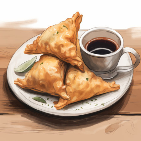 uttar appam, tomato sauce, coffee, and chilean herbs are beautifully presented on a paper plate in this vector illustration. the style of the artwork is reminiscent of frank frazetta, with folded planes and photorealistic detail. the appam appears slightly soggy, while the tomato sauce and herbs add a burst of color. the overall composition is crisp and reminiscent of the works of artgerm and frenchy.の素材