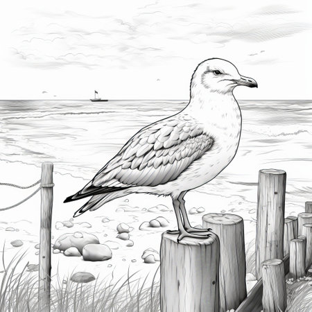 a detailed black-and-white graphic illustration of a seagull standing near the shore against the sea. the drawing showcases intricate character details, shading, and the artistic style reminiscent of moebius. the use of wood and post-conceptual elements adds depth and uniqueness to the illustration. ai generatedの素材