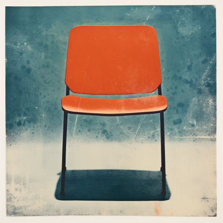 the chair, in the style of calotype, rests on an angle, showcasing bold color experimentation. the darkroom printing technique enhances the vibrant dark orange and light azure hues. the photograph also exhibits texture experimentation and a strong use of contrast, reminiscent of the group f64's aesthetic. ai generatedの素材