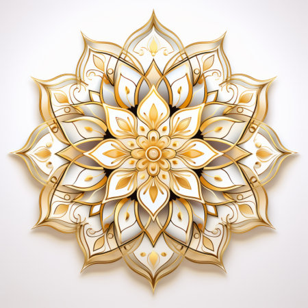 a gold floral design vector, featuring a decorative illustration isolated on a white background. this design showcases a multi-layered geometry style with light white and light gold colors. the intricate details give it a realistic and mesmerizing look, reminiscent of hindu art and architecture. the surrealistic symbolism adds an intriguing touch to this artwork, while the light white and amber tones enhance its overall appeal.の素材
