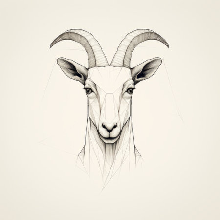 abstract goat head illustration featuring a minimalistic portrait style with realistic anamorphic art. the symmetrical balance creates a striking juxtaposition of hard and soft lines, reminiscent of angura kei. delicate markings add depth and detail to the image, enhanced by the vibrant colors of fujifilm velvia. ai generatedの素材