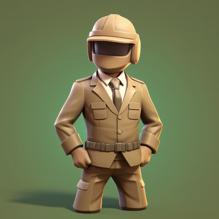 a toy soldier in a military suit stands tall, showcasing subtle gradients and voxel art style. with influences from industrial and product design, the beige-colored soldier exhibits hyper-realistic details. the unique blend of mcdonaldpunk aesthetics and foreshortening techniques adds depth to this captivating image. ai generatedの素材