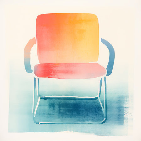 a chair painted in watercolor and paper, showcasing a color gradient in the style of darkroom printing. the chair features soft-edged shades of light red and azure, with accents of light white and orange. the minimalist sensitivity is enhanced by bold block prints. ai generatedの素材