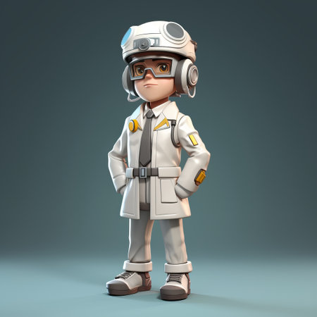 a 3d model of a character wearing a military-style uniform, with a cartoonish innocence. the character is depicted in a white and amber color scheme, showcasing a blend of industrial and technological subjects. the design evokes a sense of childlike wonder, inspired by moche art. the image is captured with high-speed sync, adding a touch of grit and grain for added impact. ai generatedの素材