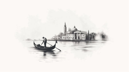 a sketch on water depicts a boat gracefully crossing a canal, passing under a bridge in a city. the artwork is inspired by classical landscapes and venetian scenes, showcasing detailed character illustrations. the color palette consists of dark white and gray tones, creating flowing silhouettes. the sketch captures realistic landscapes and charming character illustrations in a captivating manner. ai generatedの素材
