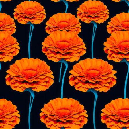 an orange flower design is showcased on a black background, featuring a repetitive and patterned style. this realistic pop art piece resembles illusory wallpaper portraits and holotone printing. the vibrant combination of dark orange and azure creates a striking contrast of scale, while the colored cartoon style adds a playful touch. ai generatedの素材