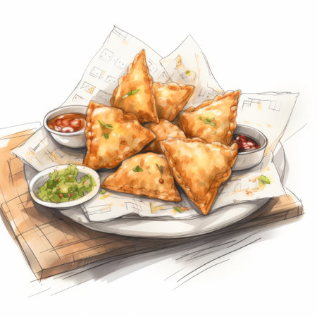 a plate of samosas, featuring various delectable food items, is depicted in this artwork. created in the style of realistic watercolors, the illustration showcases characteristic comic book art with crosshatched shading and clean, sharp inking. the artist skillfully employs traditional techniques to bring this appetizing scene to life. ai generatedの素材