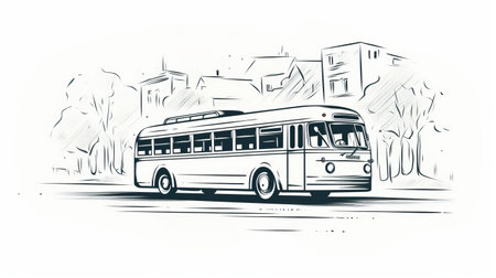 vintage road bus moving down a road with a city in the background. line drawing style with dark white and light gray colors. dynamic and expressive animations, cartelcore, dynamic brushwork. emphasis on character design and streetscape. ai generatedの素材