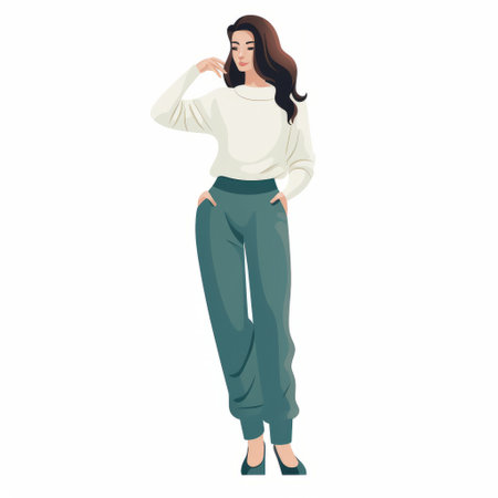 a woman wearing green joggers and a white blouse is depicted in a colored cartoon style. she completes her look with a white hat, exuding elegance and dignity. the color palette of dark teal and light beige adds to the overall aesthetic. this artwork, created by siya oum, showcases the beauty of curvaceous simplicity in a two-dimensional form. ai generatedの素材