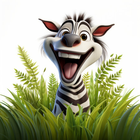 a 3d animated zebra with an open mouth, showcasing a charming character illustration style reminiscent of artists like herb trimpe and tiago hoisel. the zebra is set against lively nature scenes, evoking the playful character design of carl barks. this joyful celebration of nature captures the essence of a vibrant and animated world. ai generatedの素材