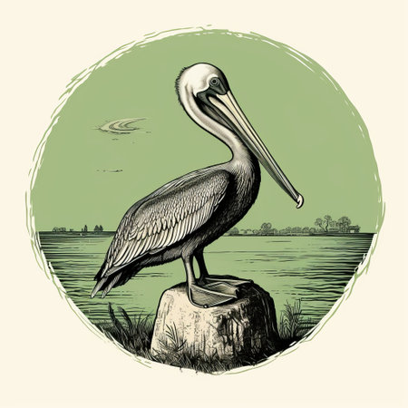 vintage pelican peacock perched on top of rocks at the water's edge. this woodcut-inspired graphic features a fish-eye lens effect, with flat illustrations in light green and dark gray. the editorial illustration captures the essence of the southern countryside, with its rounded shapes and unique charm. ai generatedの素材