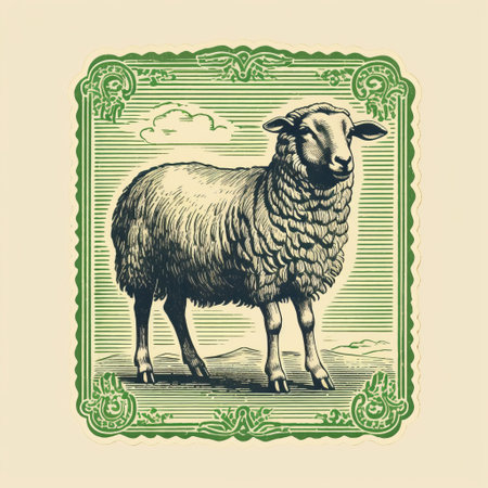 an old printed sheep, reminiscent of mid-century illustration, is showcased on a white background. this intensely detailed image captures the essence of absinthe culture and farm security administration aesthetics. with its lith printing technique, the photo exhibits a high tonal range and symmetrical balance, creating a visually captivating composition. ai generatedの素材