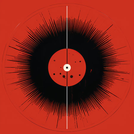 emma's red vinyl record features a captivating illustration reminiscent of the styles of emiliano ponzi and lee bontecou. the artwork showcases gothic elements, with radiating lines and simplistic vector art. the composition is grandiose, drawing inspiration from woodcut-inspired graphics. ai generatedの素材