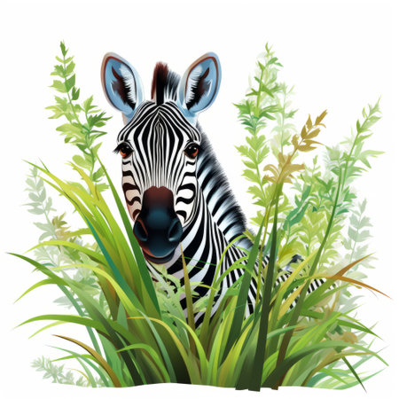 a zebra stands gracefully amidst tall grass, its striking black and white stripes contrasting beautifully against a vibrant blue background. this highly detailed illustration showcases the zebra's charming character, with a birds-eye-view perspective capturing the striped arrangements. the white background and light green accents add depth and enhance the overall appeal of the image. ai generatedの素材