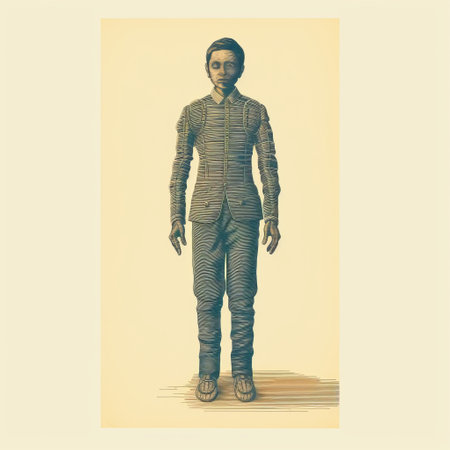 a blue character wearing a yellow outfit is depicted in this vintage sepia-toned photograph. the realistic renderings of the human form are reminiscent of the works of thomas blackshear. this image captures the essence of frostpunk, with its sepia tone and woven-perforated details. the character is shown in a full body pose, adding depth to the composition. ai generatedの素材