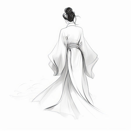 a shabby chic illustration of a woman in a white robe, inspired by the sumi-e style of traditional chinese art. the flowing silhouettes and minimalistic black and white sketches give the illustration a cinematic elegance, reminiscent of anime-inspired character designs. ai generatedの素材