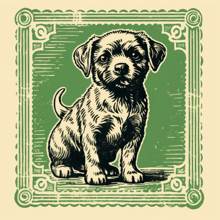 aged style illustration of a little dog sitting in a frame, reminiscent of woodcut-inspired graphics. the image features a green and black color scheme, clean and sharp inking, and dignified poses. this vintage graphic design has a flickr-like quality and is enhanced with lith printing techniques. ai generatedの素材