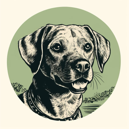 a dog portrait in the style of woodcut-inspired graphics, this black and white vector icon is a detailed clip art illustration. with a light yellow and light green color scheme, it features a sepia-toned depiction of rural life. the tondo shape and screen printing technique add to its unique charm, while the detailed background elements complete the composition. ai generatedの素材