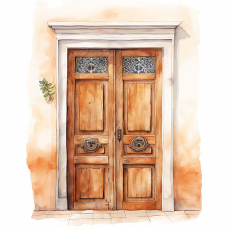 an old door depicted in a watercolor painting, showcasing classical motifs and a charming character illustration. the light brown hue adds to its allure, while the architectural illustrator skillfully captures the varying wood grains. detailed botanical illustrations and a touch of terracotta complete the captivating composition. ai generatedの素材