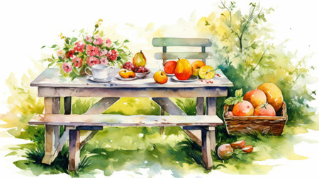 a vibrant watercolor painting capturing the essence of rural life scenes. this uhd image showcases a wood table adorned with baskets and an array of colorful fruits, reminiscent of a bountiful garden. the light hues of white and orange create a captivating contrast, while the outdoor setting adds a touch of natural beauty. this creative commons attribution artwork is inspired by the style of colorfulの素材