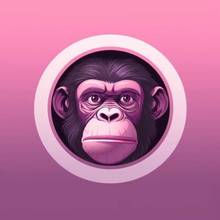 a free chimpanzee icon for android, featuring a hyper-realistic pop-art fusion style. the icon showcases circular shapes in a light magenta color, with a unique framing and composition. it captures a realistic still life of a chimpanzee with dramatic lighting, an intense gaze, and a monochromatic harmony. ai generatedの素材