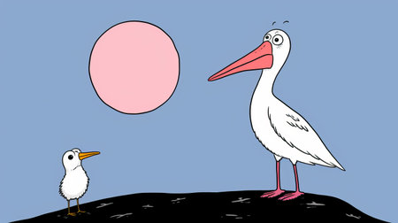 cartoon bird in the style of jean jullien stands gracefully amidst a vibrant array of flowers. the light white and light pink hues create a soothing atmosphere. this panoramic-scale image evokes a sense of historical illustrations and seaside vistas. the hand-drawn animation captures the essence of charles schulz's timeless artistry. ai generatedの素材