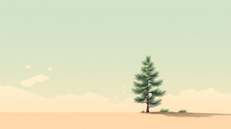 a single tall pine tree stands alone in the desert, against a backdrop of a clear blue sky. this minimalist illustration captures the nostalgic charm of decorative backgrounds with its light brown and green hues. the image is rendered in 8k resolution, offering a visually stunning and captivating experience. ai generatedの素材