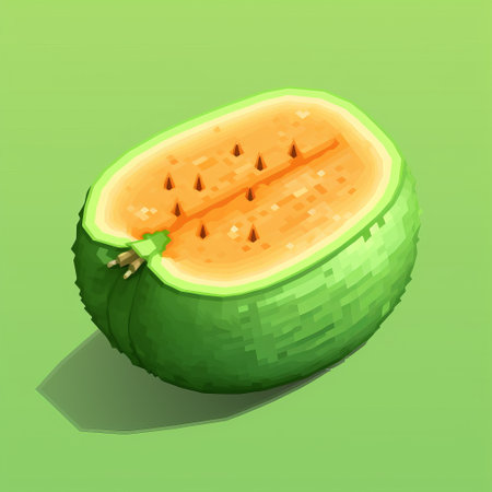a slice of watermelon is displayed on a vibrant green surface, showcasing voxel art style. the detailed character design by john larriva incorporates realistic usage of light and color. the rounded and cartoonish character design adds a touch of pigeoncore aesthetic to the overall composition. ai generatedの素材