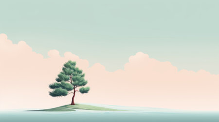 a cartoon illustration of a tree sitting on an island, capturing the essence of nature with its realistic landscape style. the soft, tonal colors and nostalgic minimalism evoke the beauty of edo period art. the light teal and light red hues add a serene touch to this pastoral scene. ai generatedの素材
