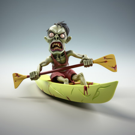 a zombie person, rendered in cinema4d, is seen on a canoe with paddles. this playful character design, inspired by zbrush and halloween, showcases intense movement expression. the artwork combines elements of duckcore, balinese art, and a unique style to create a captivating visual experience. ai generatedの素材