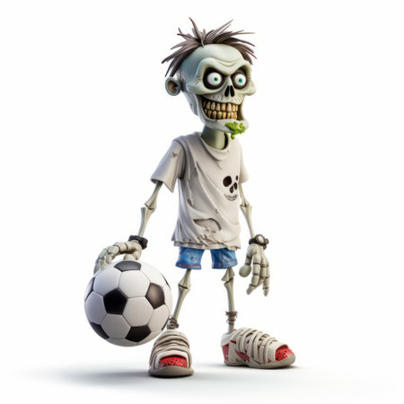 soccer skeleton in zombiecore style, wearing clothing and holding an object at his feet. this 3d image showcases youthful protagonists with a strong facial expression. the playful use of texture adds an organic touch, reminiscent of the group f64. an eye-catching visual that combines soccer and skeletal elements in a unique and intriguing way. ai generatedの素材