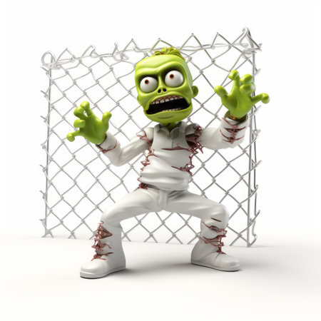 a zombie, surrounded by a protective fence and chains, stands against a vibrant white background. the light green and yellow hues create a striking contrast, while the ambient occlusion adds depth to the image. this unique photo, reminiscent of vibrant caricatures, captures the attention with its national geographic-like quality. cranberrycore's flickr account showcases this captivating and intriguing composition. ai generatedの素材
