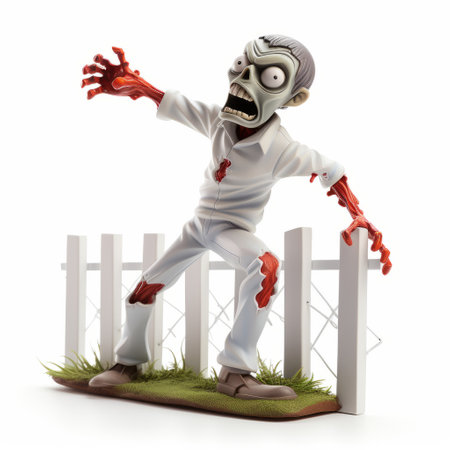the zombie figurine, in the style of 3d, stands on a fence splattered with blood. this witty and clever cartoon-inspired creation showcases innovative techniques like ambient occlusion and figura serpentinata. the airbrush art brings the scene to life with its light-filled ambiance. ai generatedの素材