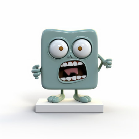 an angry green monster with lively facial expressions sits on a pedestal in a photo styled with light gray and light blue tones. the image has toy camera effects and ambient occlusion, giving it a unique and playful look. the matte finish adds to the overall aesthetic. this photo captures the essence of seth macfarlane's smilecore style. ai generatedの素材