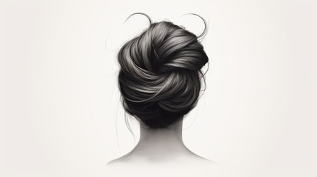 a digital drawing of women's hairstyles in the style of helene knoop. the hair styles feature a dark tonality and are depicted in a close-up, romantic illustration. the drawing has a light black and gray color scheme, giving it a porcelain-like appearance. the composition is minimalistic and showcases various trendy hairstyles for women. ai generatedの素材