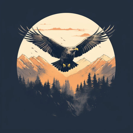 an eagle soars gracefully through the sky, framed by majestic mountains and illuminated by the golden light of the setting sun. this vintage-inspired graphic design captures the atmospheric beauty of a woodland scene, with the moon adding a touch of enchantment. the intricate character design and tattoo-like elements give it a unique and edgy ragecore aesthetic, making it a captivating piece of outdoor art. aiの素材