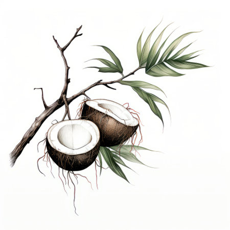 two coconuts hang gracefully on a branch, surrounded by vibrant leaves. this watercolor illustration captures the delicate markings and energy-filled essence of the scene. with a touch of editorial style, reminiscent of artists like bob ross and jacek malczewski, the artwork showcases a striking contrast of scale. ai generatedの素材