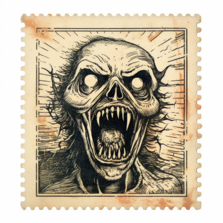 the cypher horror stamp is a black and white stamp featuring macabre illustrations in the style of ravi zupa, brian mashburn, and dan witz. it showcases dynamic and exaggerated facial expressions, reminiscent of american works on paper from 1880-1950. this high-definition image captures the intricate details of the stamp. ai generatedの素材