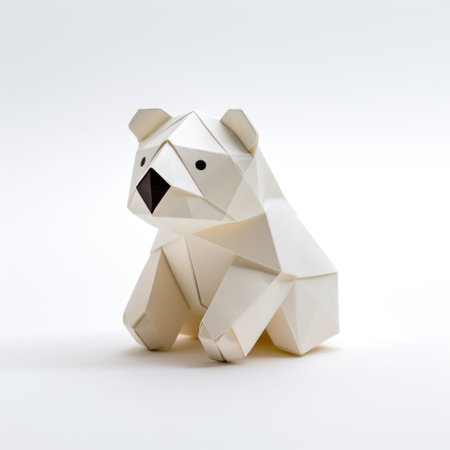 an origami baby polar bear, a cute paper toy, showcasing inventive character designs. made entirely out of paper, this origami creation features a white background that highlights its faceted forms. captured with a hasselblad h6d-400c, the dark white and light amber tones add depth to the character's design, making it an eye-catching paper xmas pattern. ai generatedの素材