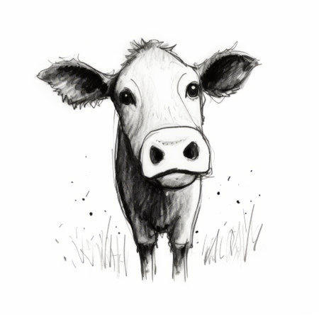 handmade pen and ink illustration of a cow sketch by essav and johnny yun om. this whimsical children's book style artwork, inspired by arthur sarnoff, features a strong facial expression. created in the style of 32k uhd, the illustration showcases a unique blend of dark white and light black tones. captured using a fujifilm x-t4 camera. ai generatedの素材